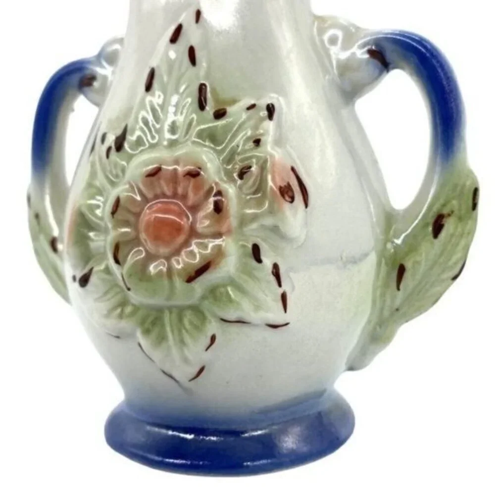 Vintage Lusterware Double Handle Floral Bud Vase Brazil - Picture 4 of 8